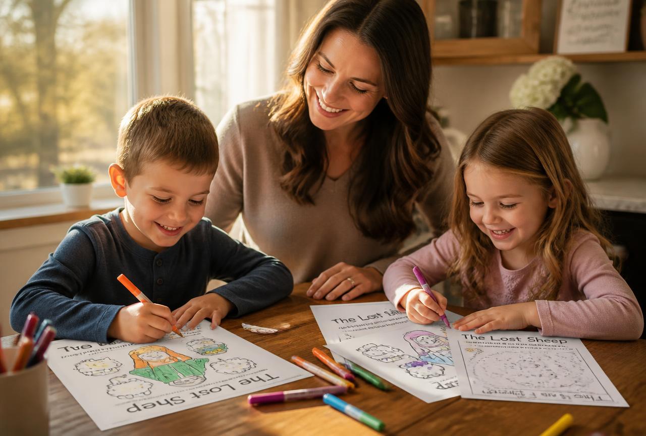Mãe e filhos usando as atividades bíblicas do Histórias de Luz