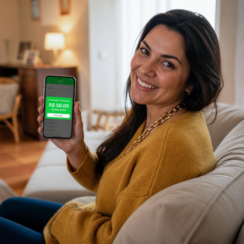 Juliana, 34 anos mostrando notificação de venda no celular