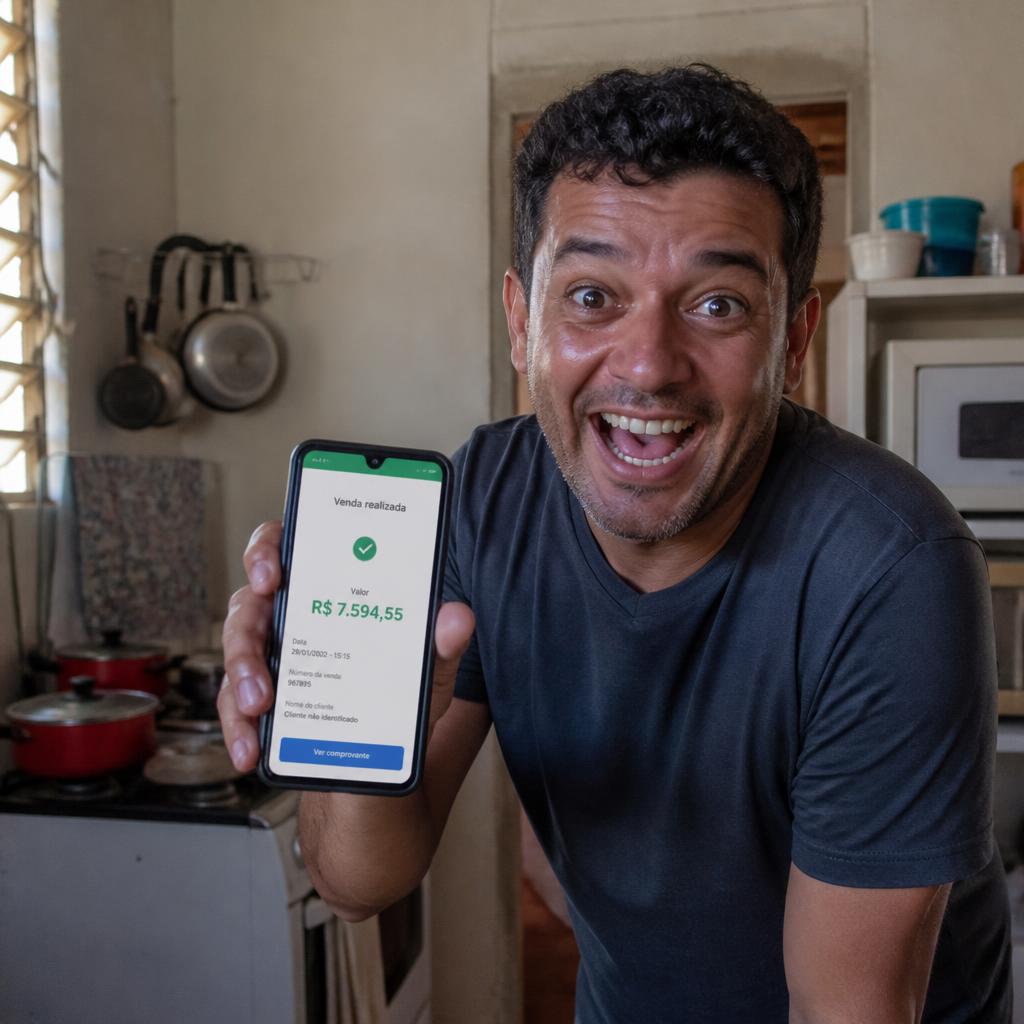 Marcelo, 41 anos mostrando notificação de venda no celular