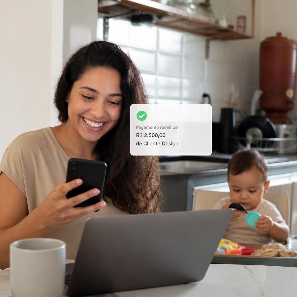 Patrícia, 29 anos mostrando notificação de venda no celular