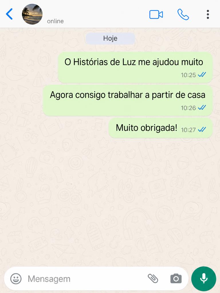 Mensagem de aluno no WhatsApp elogiando o Histórias de Luz